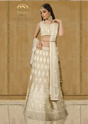 Rich Ivory & Gold Kalidar Lehenga with Embroidered Net Dupatta