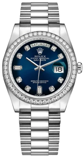 Rolex Day-Date 36/ Blue Ombre Dial/ Diamond Bezel/ White Gold President Bracelet (Ref # 128349RBR)