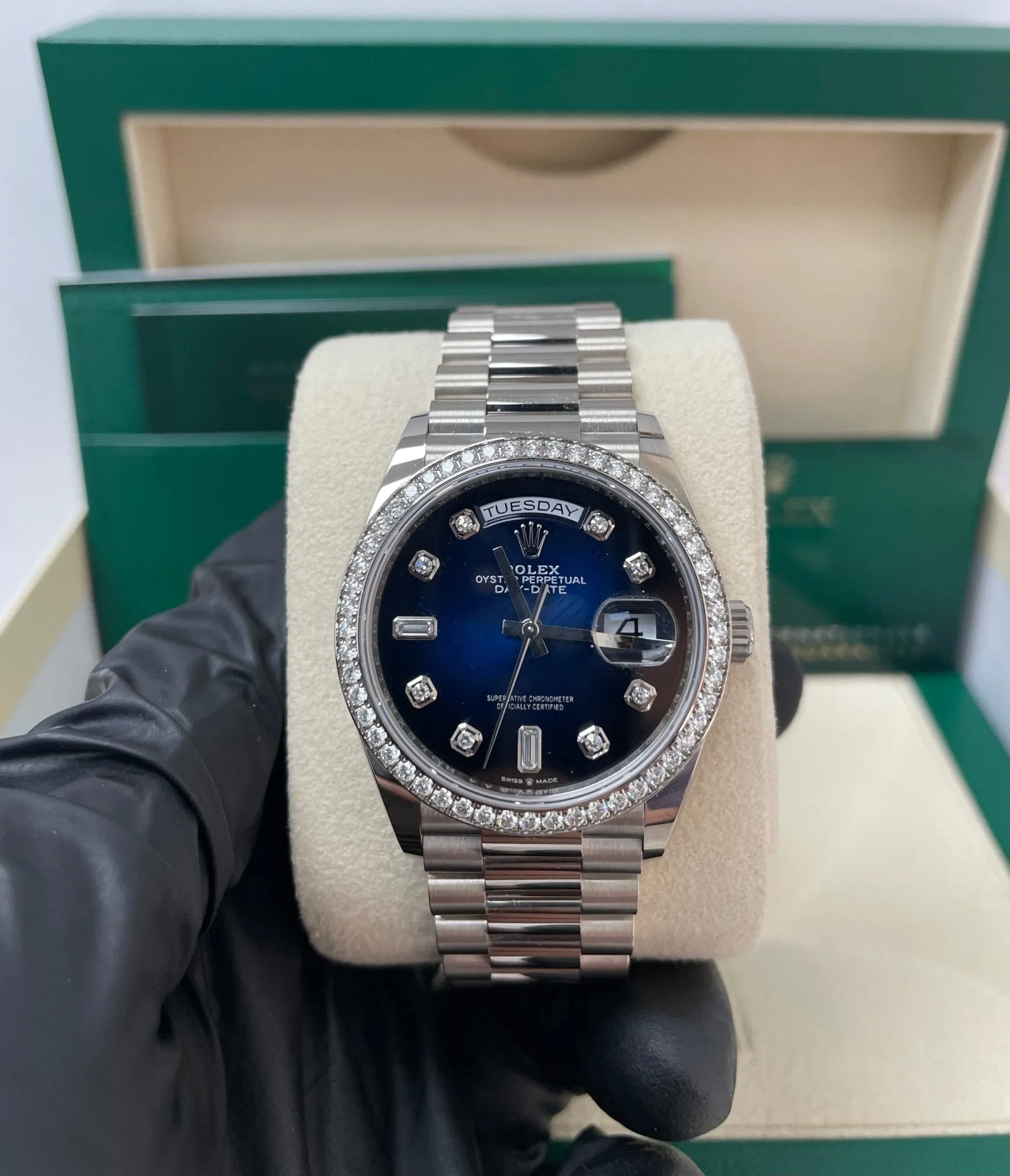 Rolex Day-Date 36/ Blue Ombre Dial/ Diamond Bezel/ White Gold President Bracelet (Ref # 128349RBR)