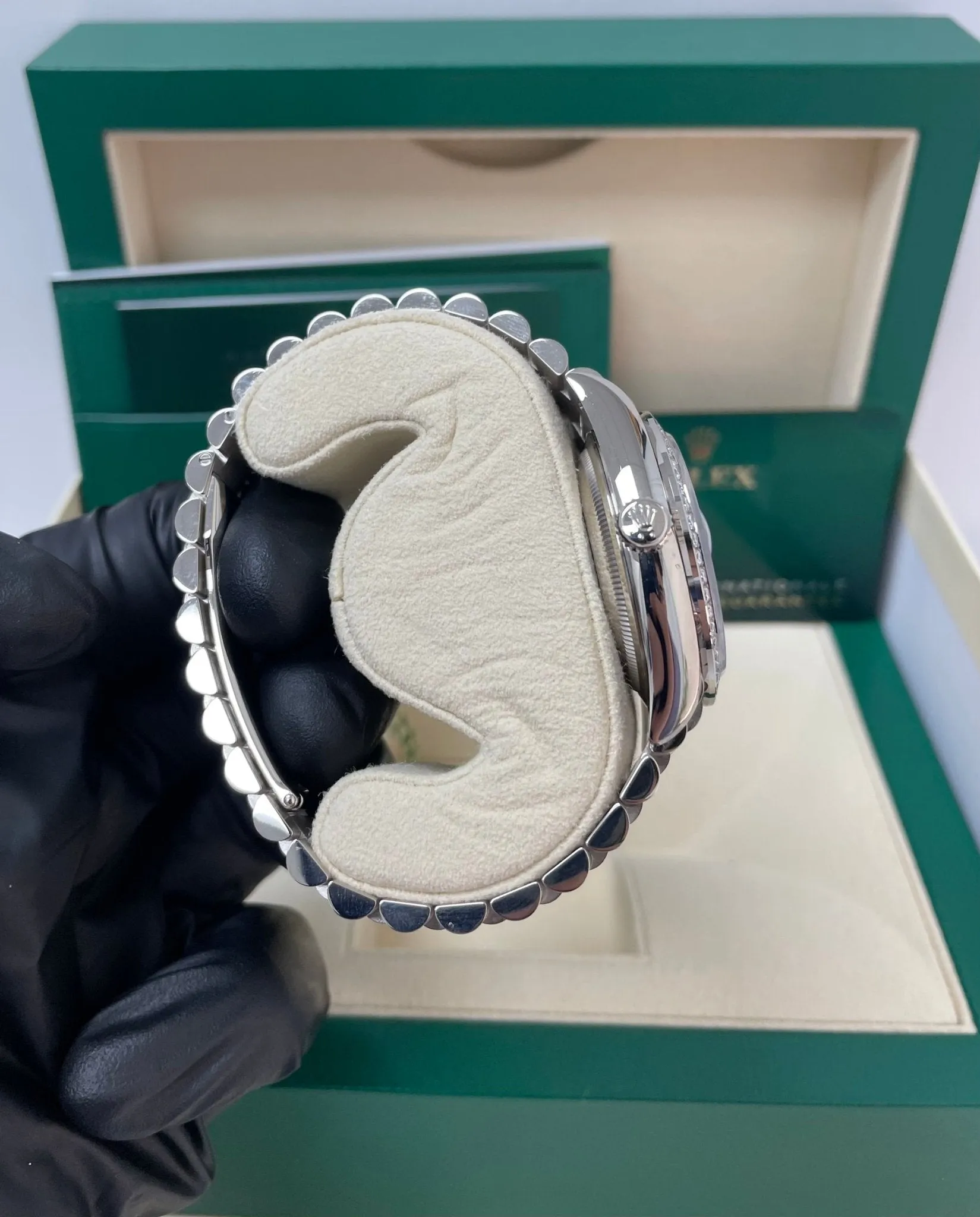 Rolex Day-Date 36/ Blue Ombre Dial/ Diamond Bezel/ White Gold President Bracelet (Ref # 128349RBR)