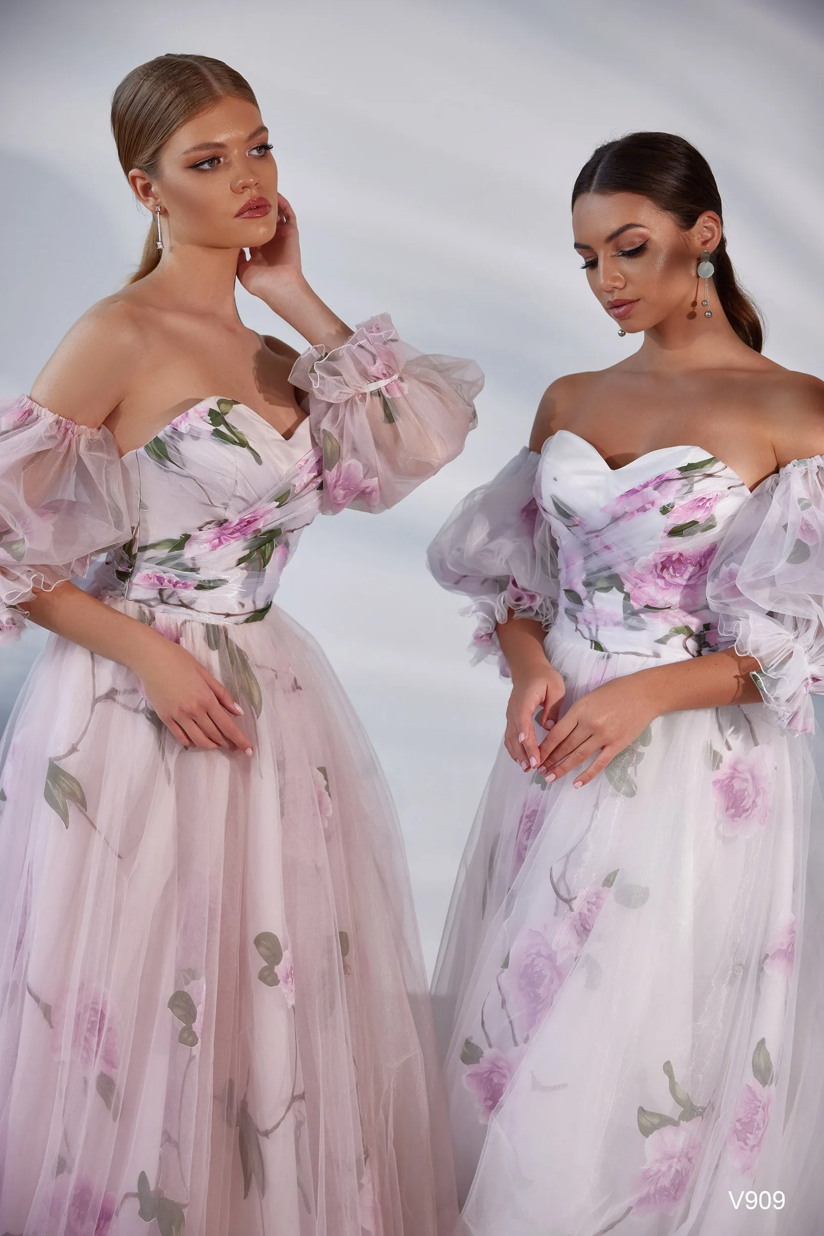 Rose Printed Floral Gown with Court Train