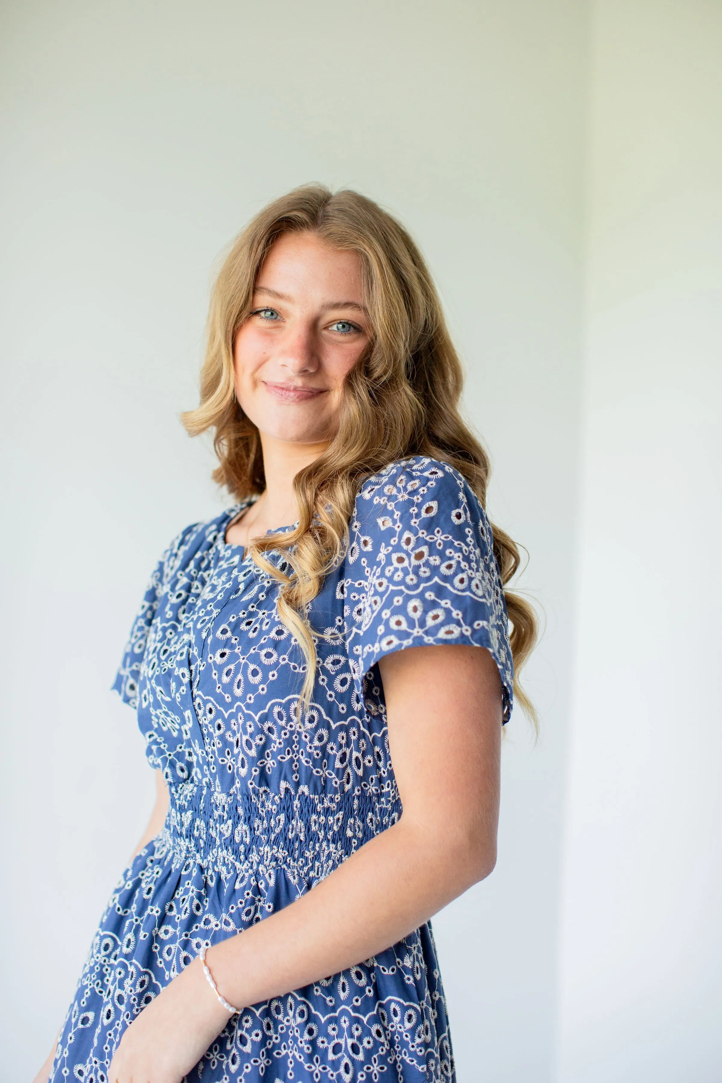 'Selena' Eyelet Poplin Tiered Maxi Dress in Deep Blue