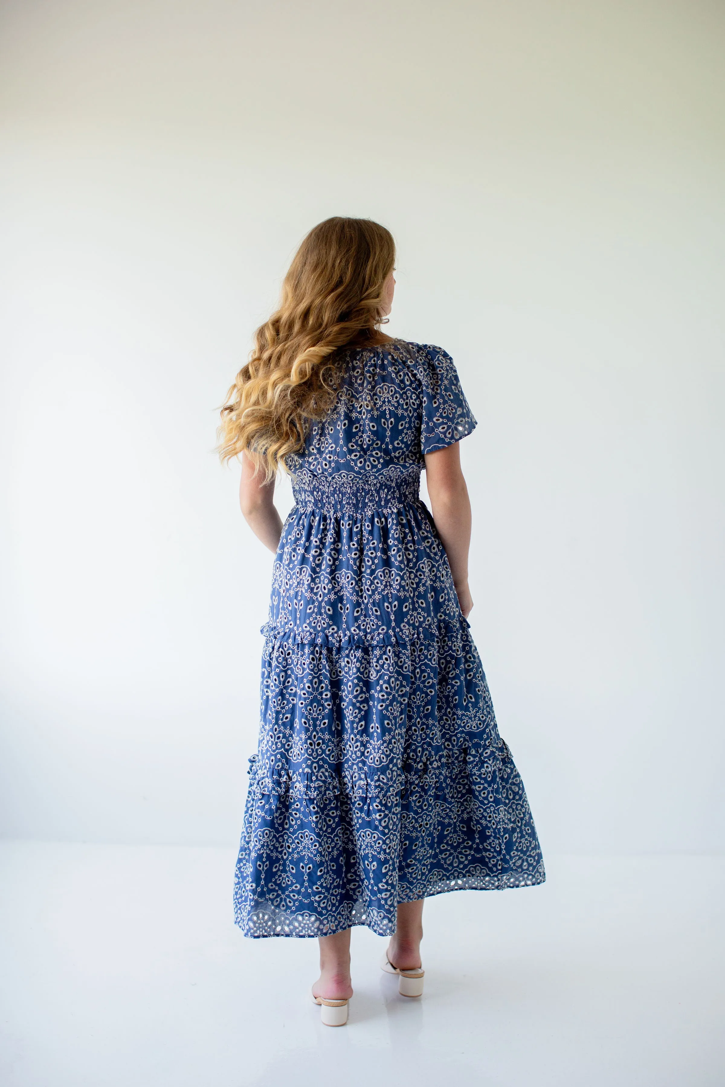 'Selena' Eyelet Poplin Tiered Maxi Dress in Deep Blue