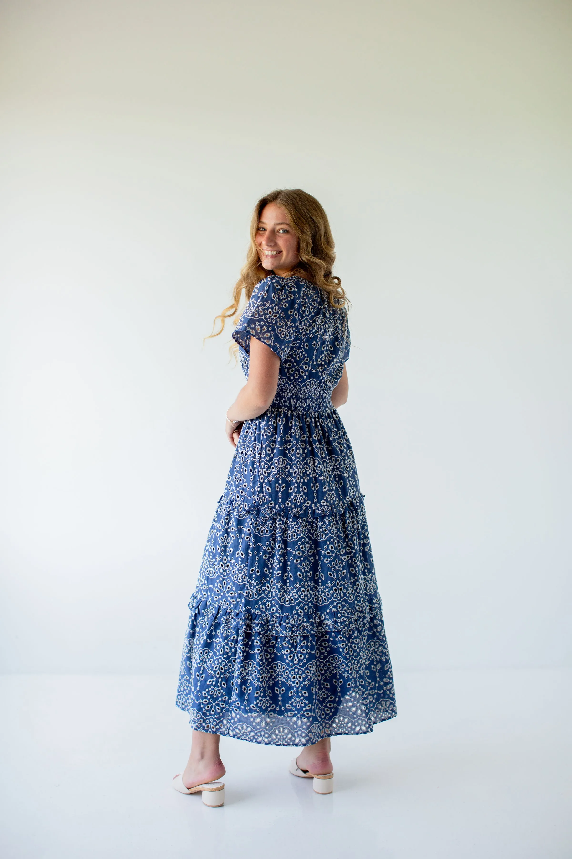 'Selena' Eyelet Poplin Tiered Maxi Dress in Deep Blue