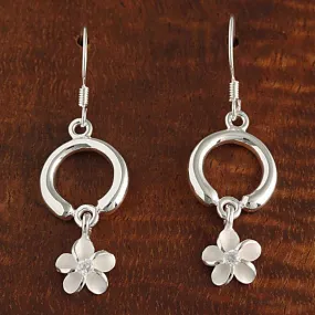 Sterling Silver Circle and Plumeria with CZ Hook Earrings