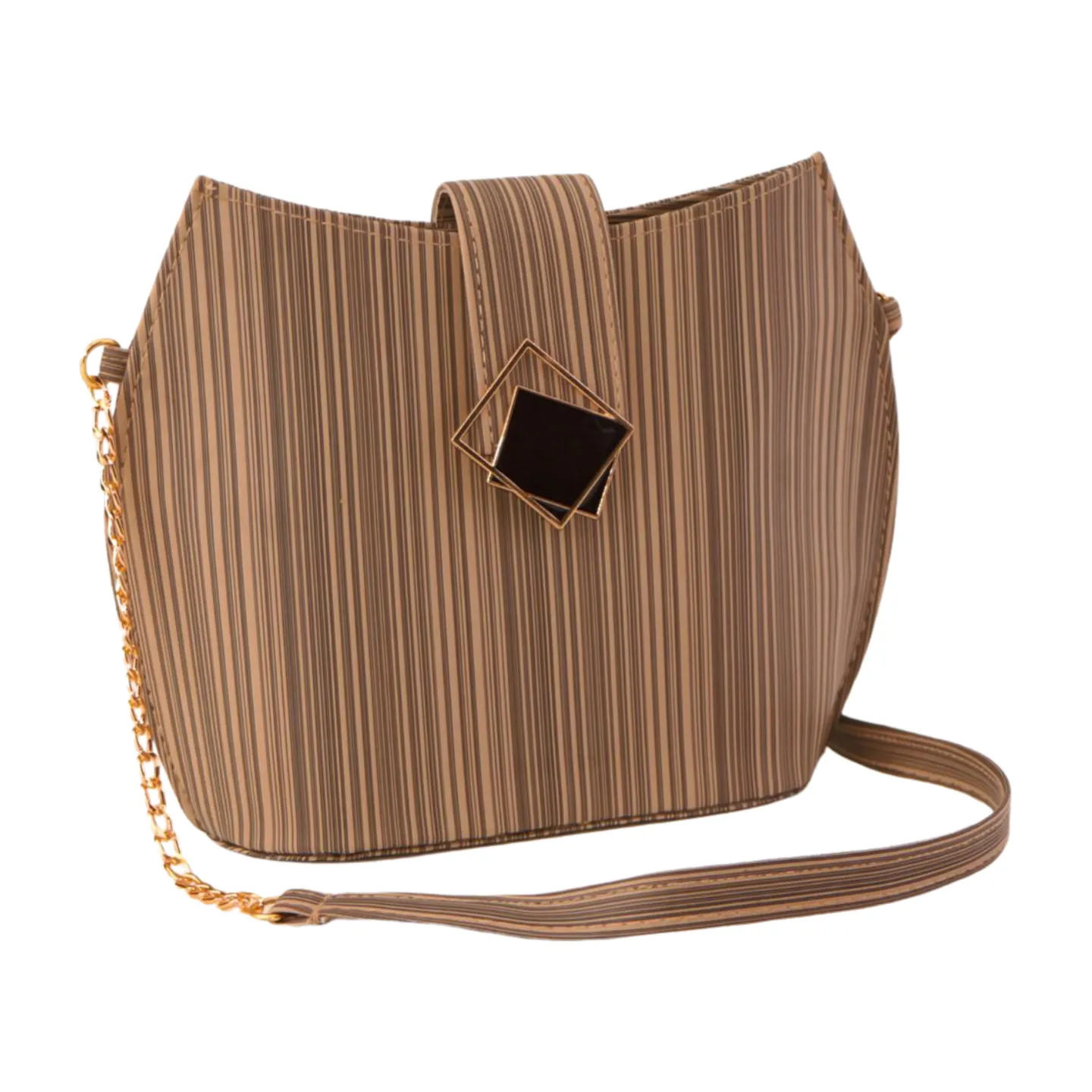 Stylish Striped Shoulder Purse with Gold Chain and Square Buckle