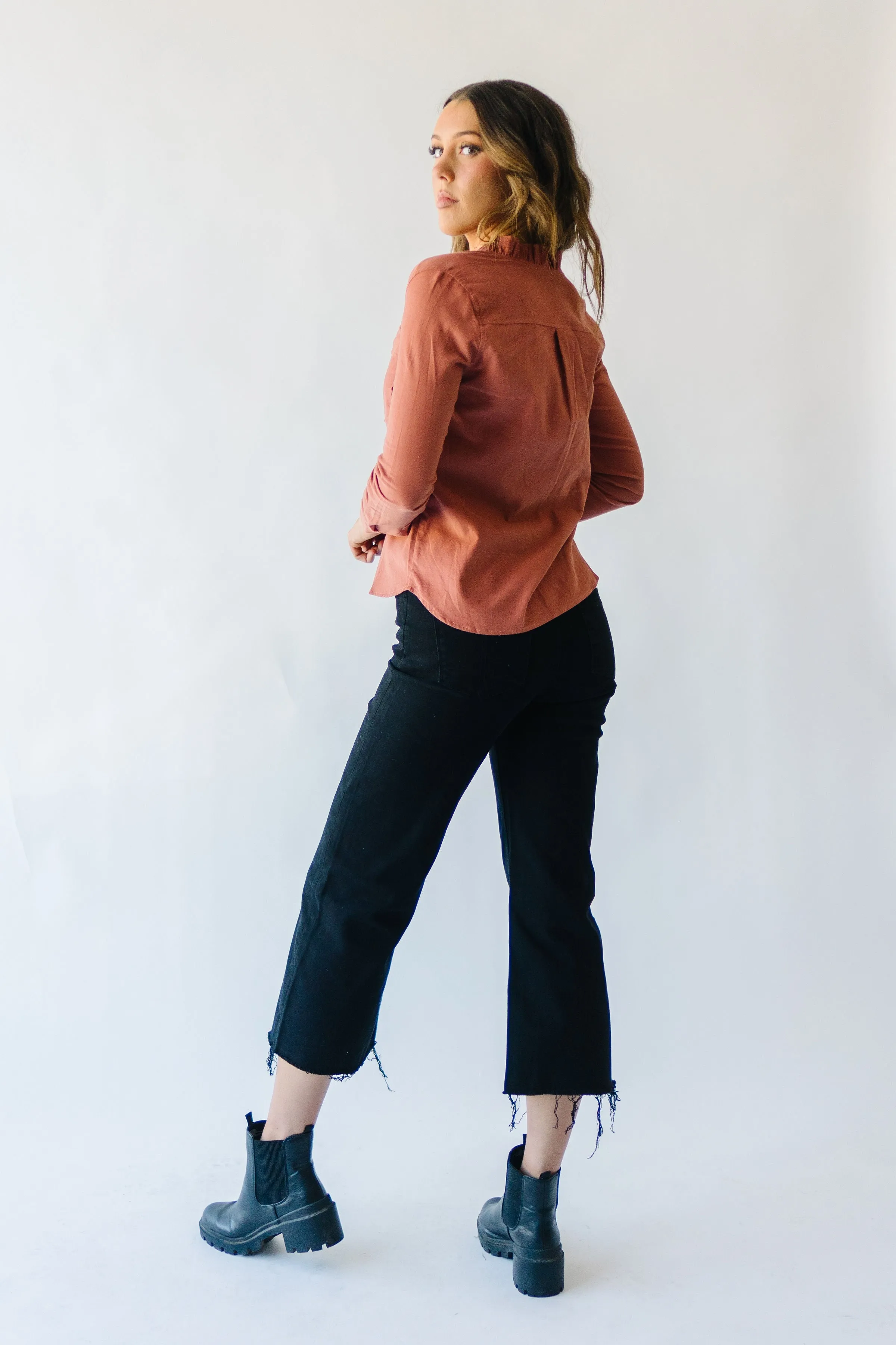 The Alexia Ruffle Collar Shacket in Rust