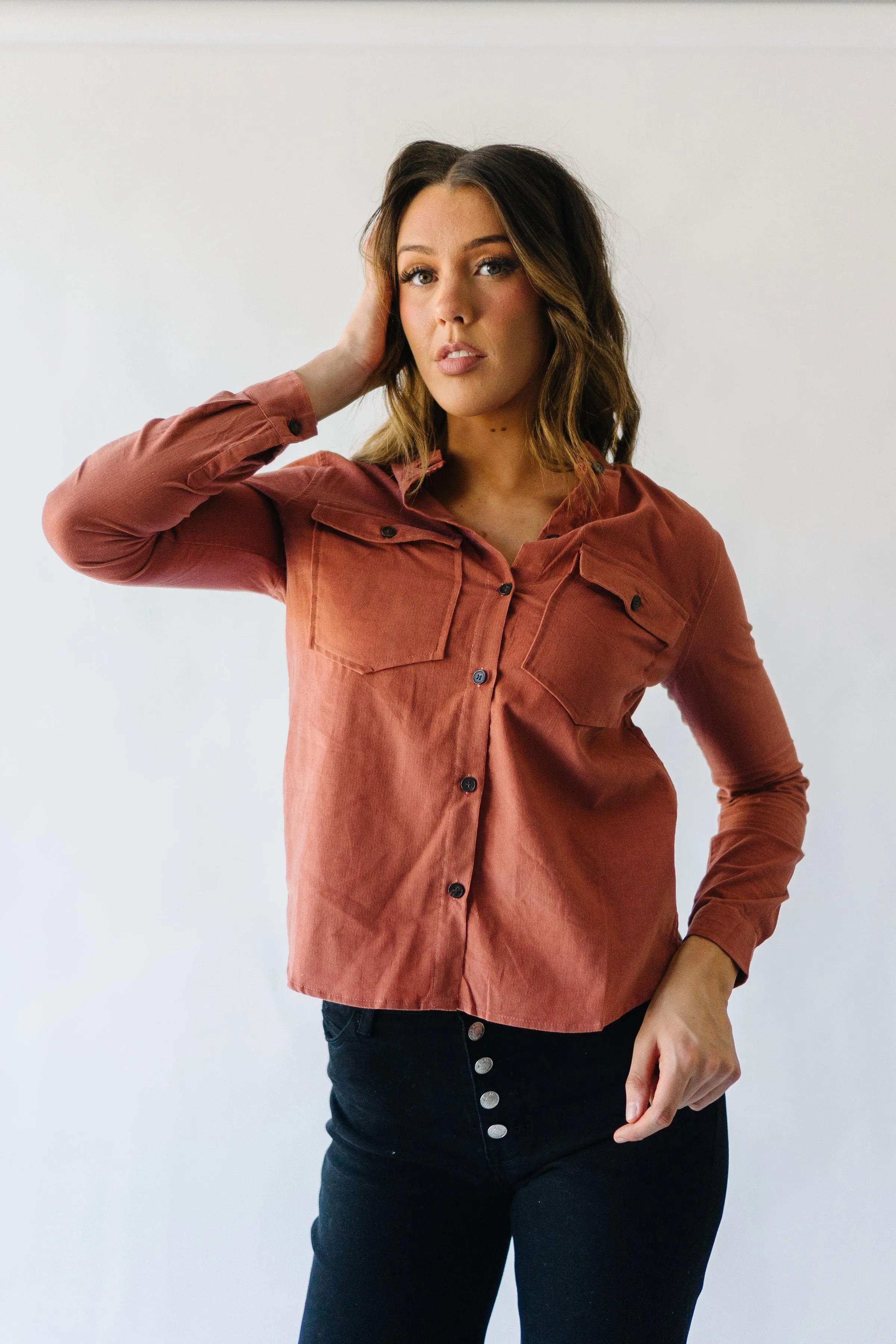 The Alexia Ruffle Collar Shacket in Rust