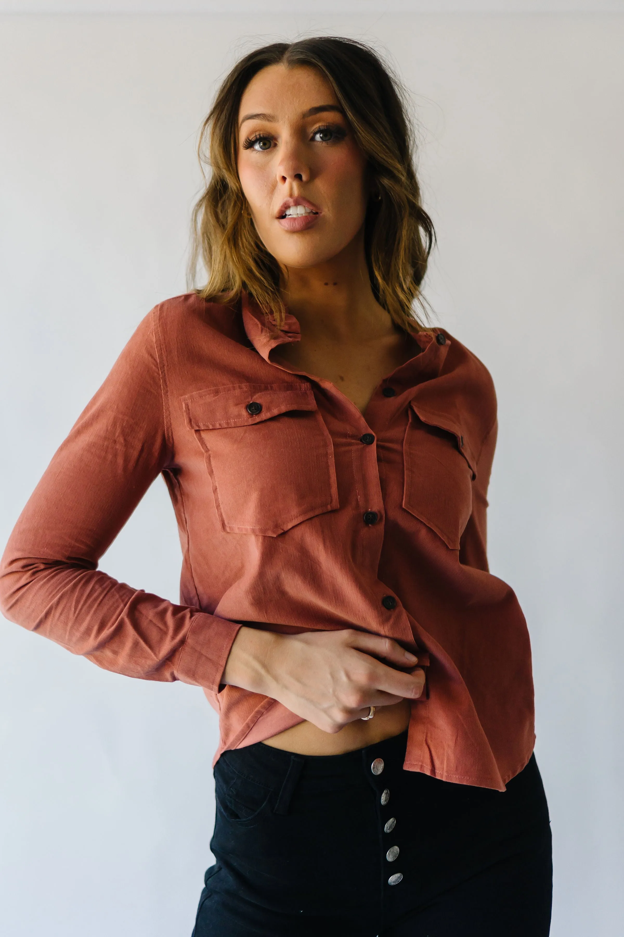 The Alexia Ruffle Collar Shacket in Rust