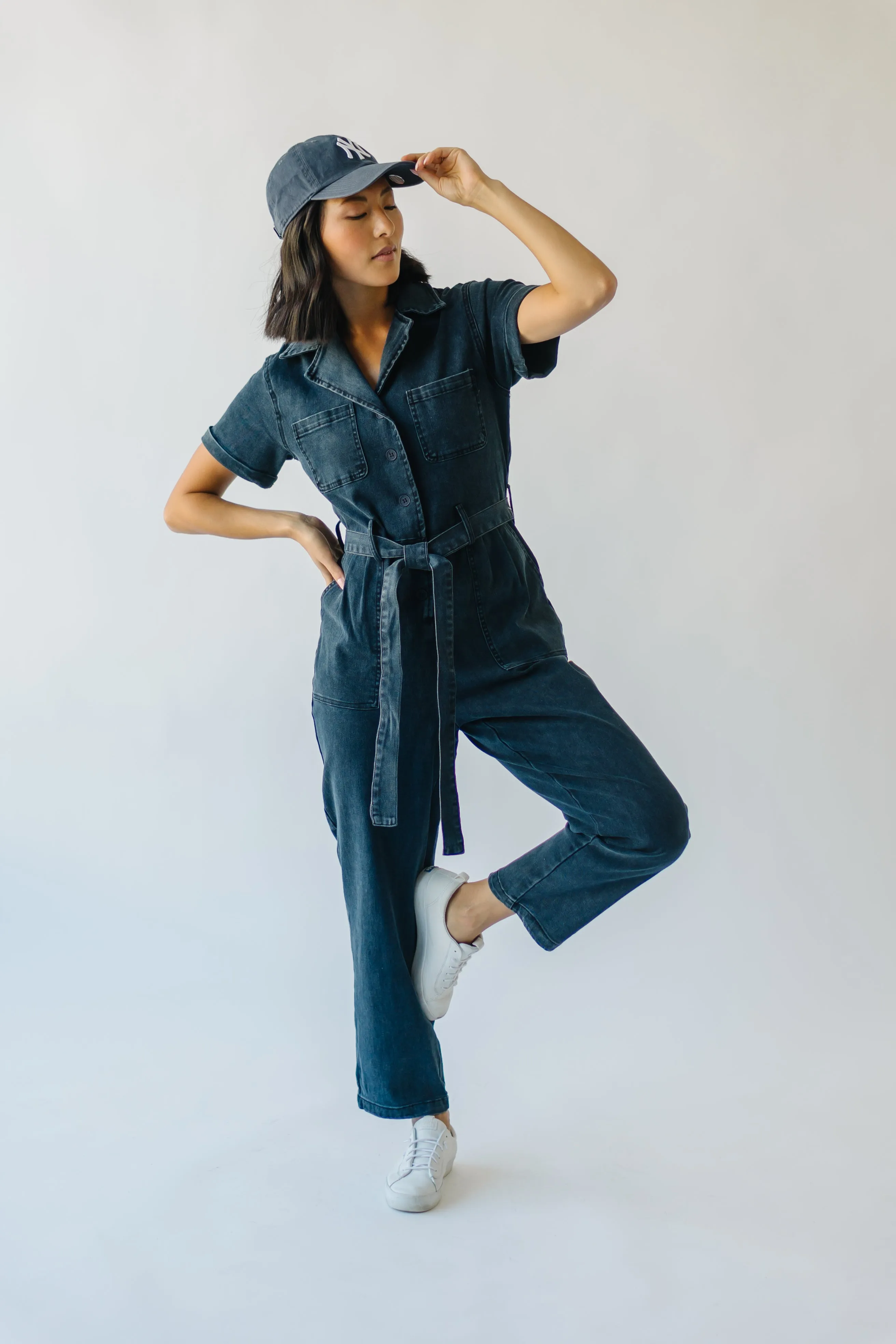 The Fleming Tie Denim Jumpsuit in Black