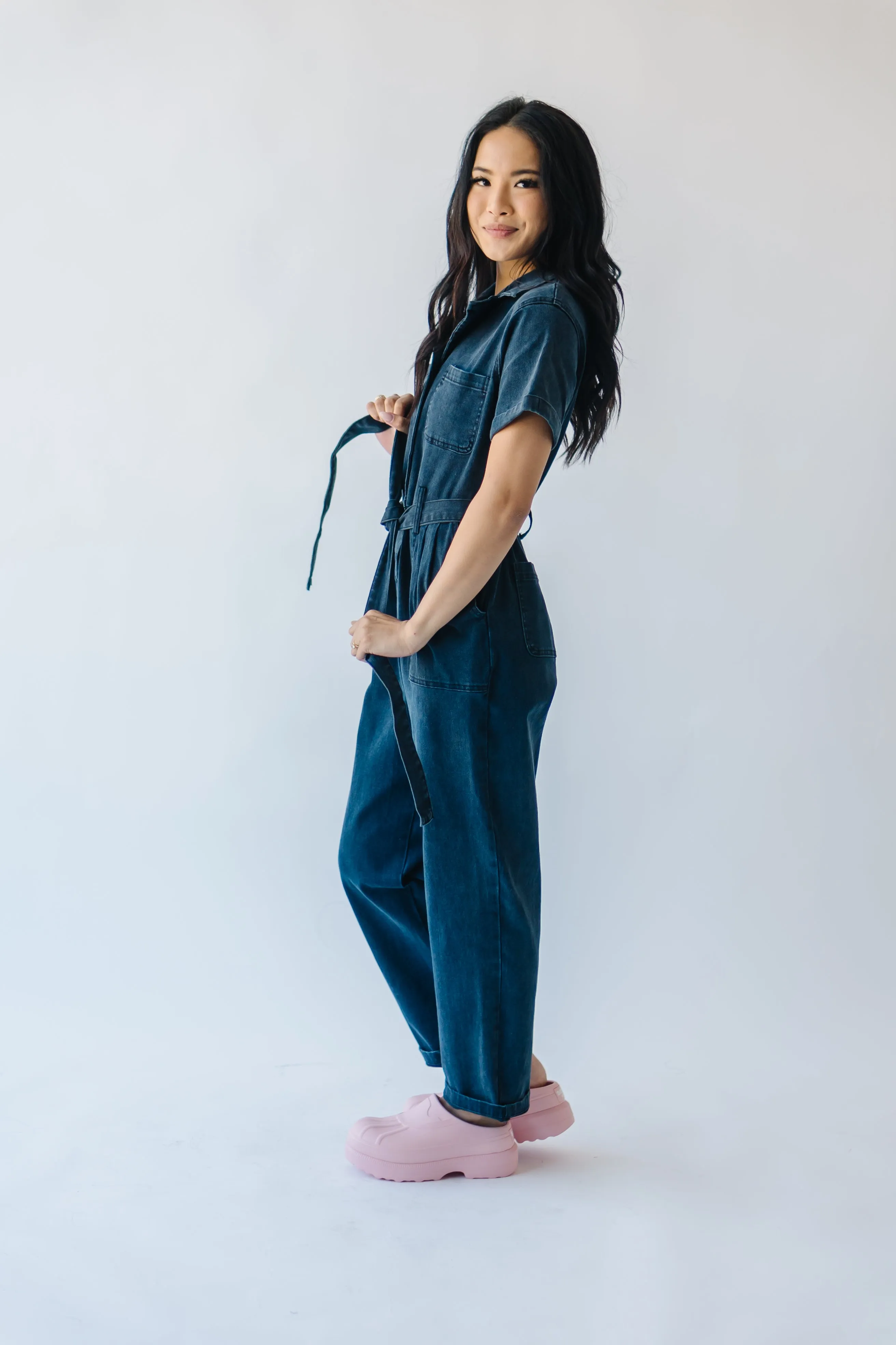 The Fleming Tie Denim Jumpsuit in Black