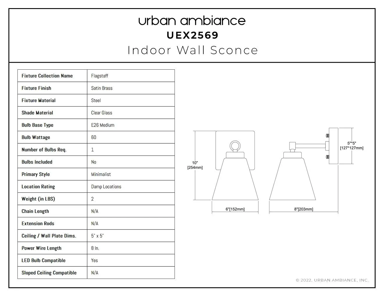 UEX2569 New Traditional Wall Sconce 10''H x 6''W, Satin Brass Finish, Flagstaff Collection