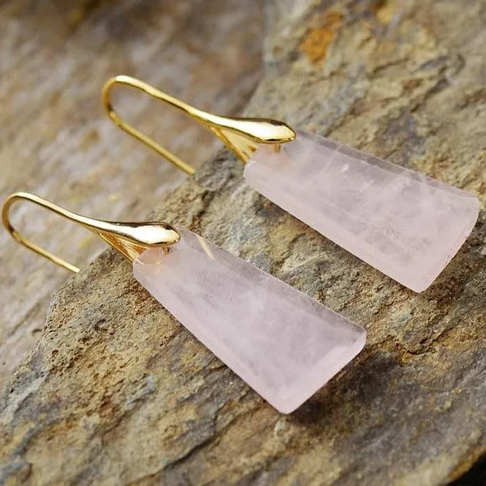 Wiluray Rose Quartz Gold Drop Earrings